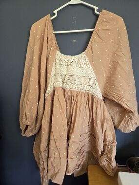 Polka Dot Peasant Top with Crochet Yoke - Tan & Cream